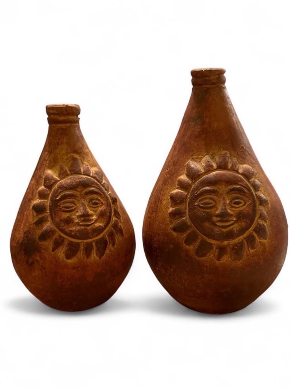 Vintage Mexican Folk Art Terracotta Sun Face Clay Vase Canteen Jug Pottery Set 2